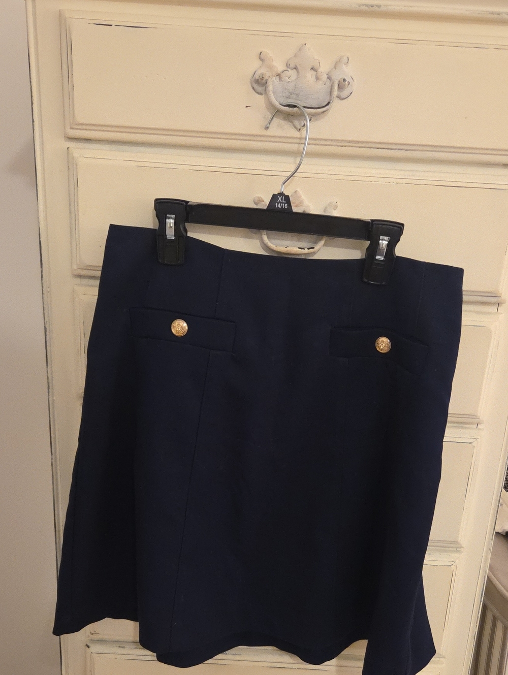 LOFT Navy A-Line Skirt with Gold Button Accents